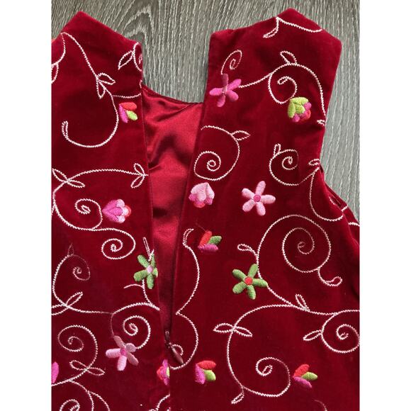 Vintage Children's Place Sleeveless Red Velour Floral Embroidered Dress - Picture 8 of 11